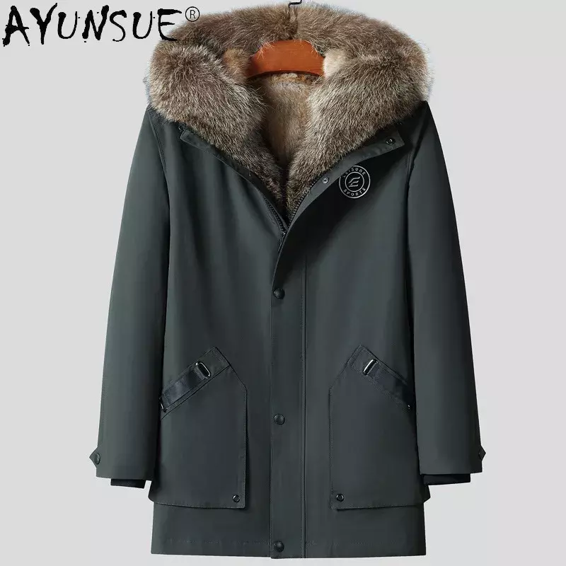 Ayunsue inverno casaco de pele dos homens roupas parkas guaxinim pele forro destacável casaco de comprimento médio quente com capuz masculino casaco de pele chaquetas lq