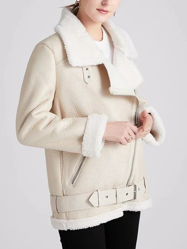 Casaco de aviador de couro falso feminino, casacos de pele de carneiro feminino emendado, roupas de inverno 2023
