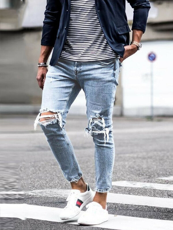 2023 New Male Hip Hop Jean Trousers Mens Solid Color Hole Skinny Vintage Jeans Fashion Washed Ripped Slim Denim Pants For Men