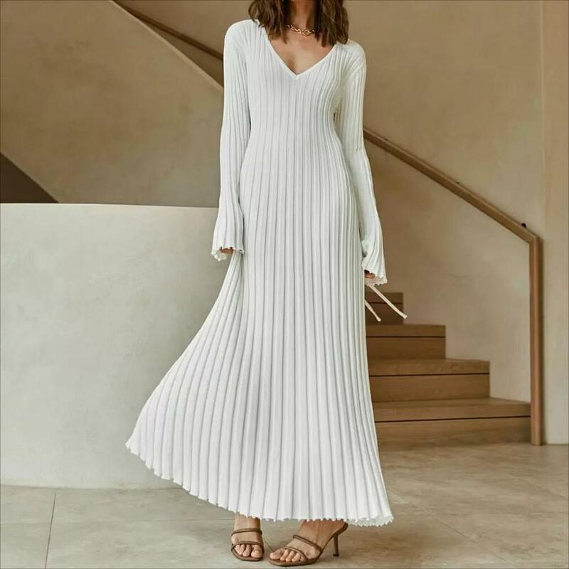 Women's Knitting Dress Basic Long Sleeve V Neck Solid Color Street Club Party Single Piece Long Dress Elegant Pregnant Clothes