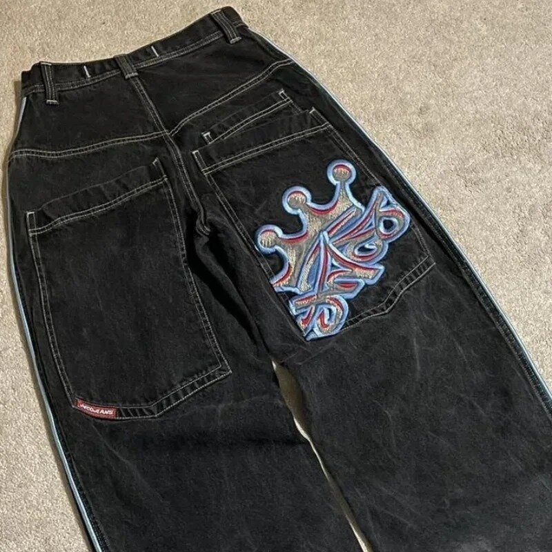 Damskie w stylu Retro szerokie nogawki spodnie Hip Hop Punk haftowane luźne jeansy Y2K gotyckie spodnie jeansowe Streetwear Hot