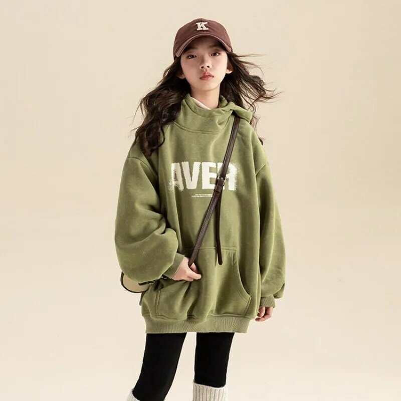 Girls Plush Hoodie Autumn/winter Hooded Loose Top for Children's Winter Western-style Casual Winter Clothing
