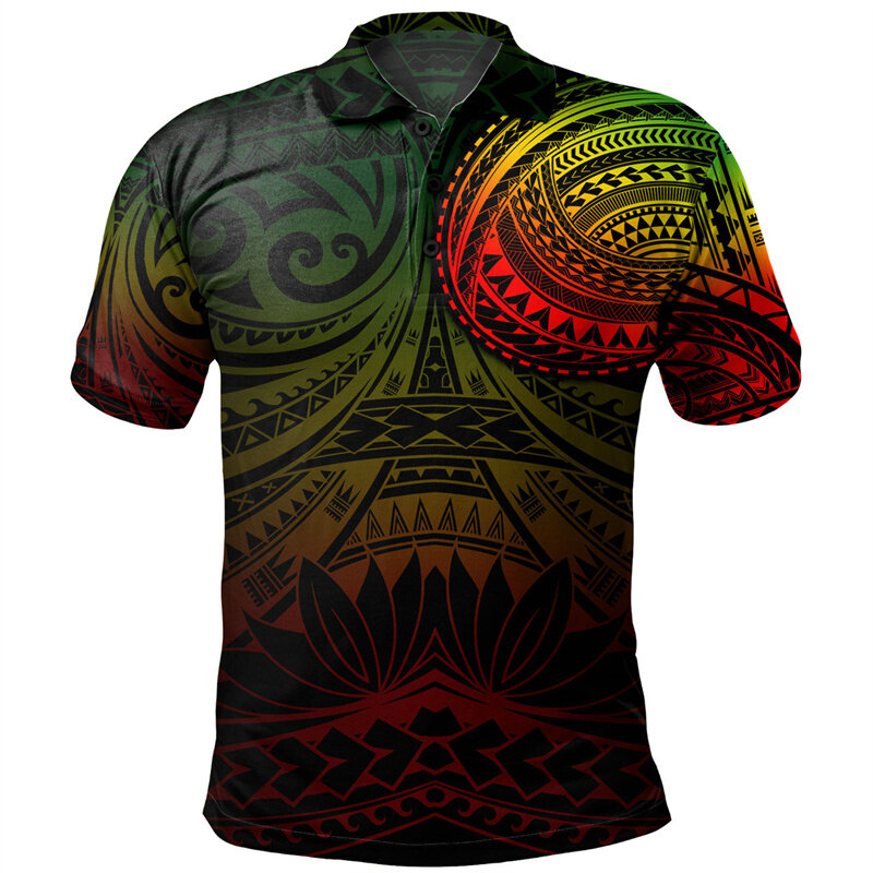 남성용 폴리네시안 부족 패턴 폴로 셔츠, 3D 프린트 반팔 티셔츠, 하와이 해변 단추, 느슨한 라펠 티셔츠, 여름