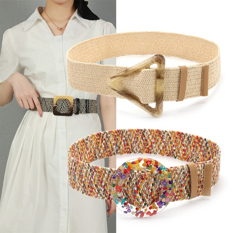 Cinturón ancho bohemio Vintage para mujer, cinturón trenzado con hebilla colorida, vestido para mujer, cinturón para