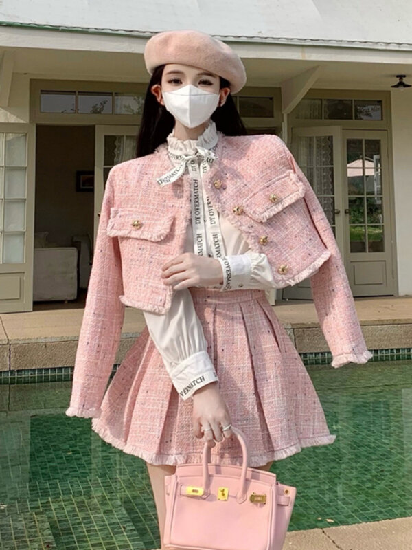 High Quality Fashion Tassel Design Small Fragrance 2 Piece Sets Women Outfit Long Sleeve Short Jacket Coat + Pleated Skirt Suits