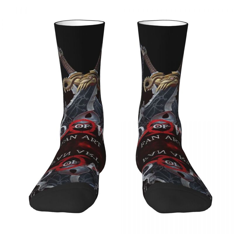 Vintag God of War ถุงเท้าฤดูหนาวใส่ได้ทั้งชายและหญิงถุงเท้าพิมพ์ลายถุงเท้าแนวสตรีทถุงเท้าพิม