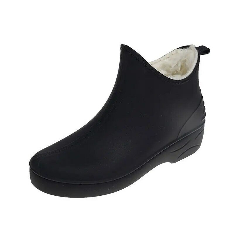 Botas de chuva forrado com pele impermeáveis para mulheres, sapato de tornozelo, preto, bege, primavera, inverno, 2024