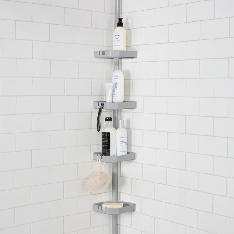 Organizador de ducha de esquina de tensión de 4 niveles, Caddy gris, Bath Bliss