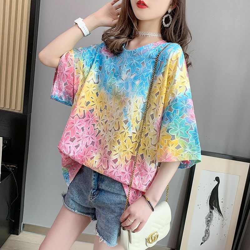 Summer New Round Neck Fashion Short Sleeve T-Shirts Women High Street Casual Loose Pullovers Hollow Out Tie Dye All-match Tops