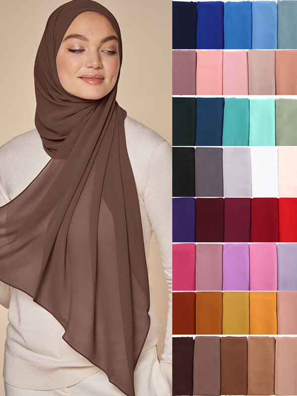 Warna Polos Syal Sifon Muslim Jilbab Ikat Kepala Perempuan Islam Penutup Kepala Syal Membungkus untuk Wanita Jilbab Syal Rambut Jilbab