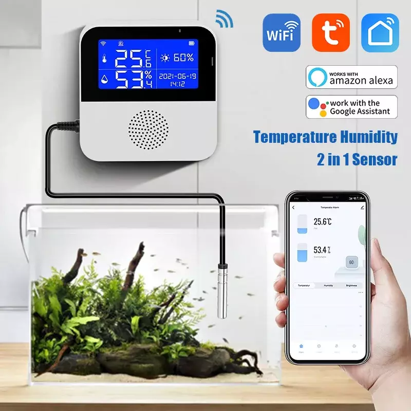 WiFi Tuya Smart Life LED Display Temperature Humidity Sensor Living Room Office Indoor Aquarium Water Temperature Detector Line