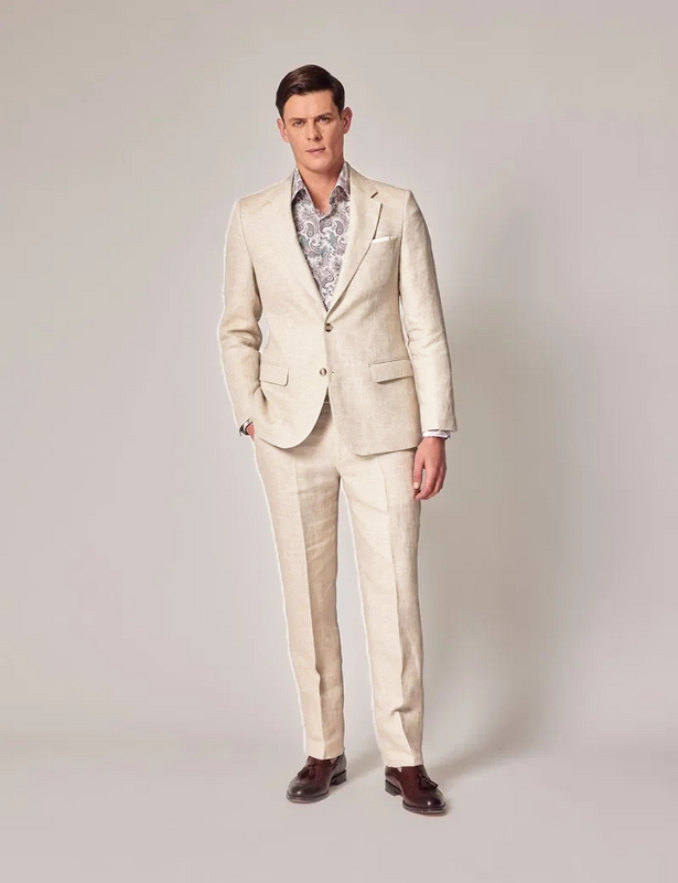 Beżowa letnia lniana elegancka męska garnitur modna elegancka Casual Slim Fit blezery wysokie formalne jakości niestandardowy 2-częściowy zestaw kostiumów Homme