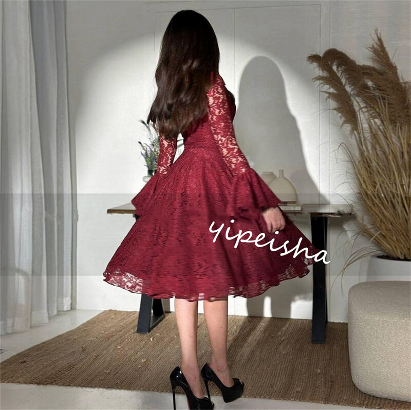 Prom Dress Evening Lace Ruffle Cocktail Party A-line V-neck Bespoke Occasion Gown Knee Length Dresses Saudi Arabia  