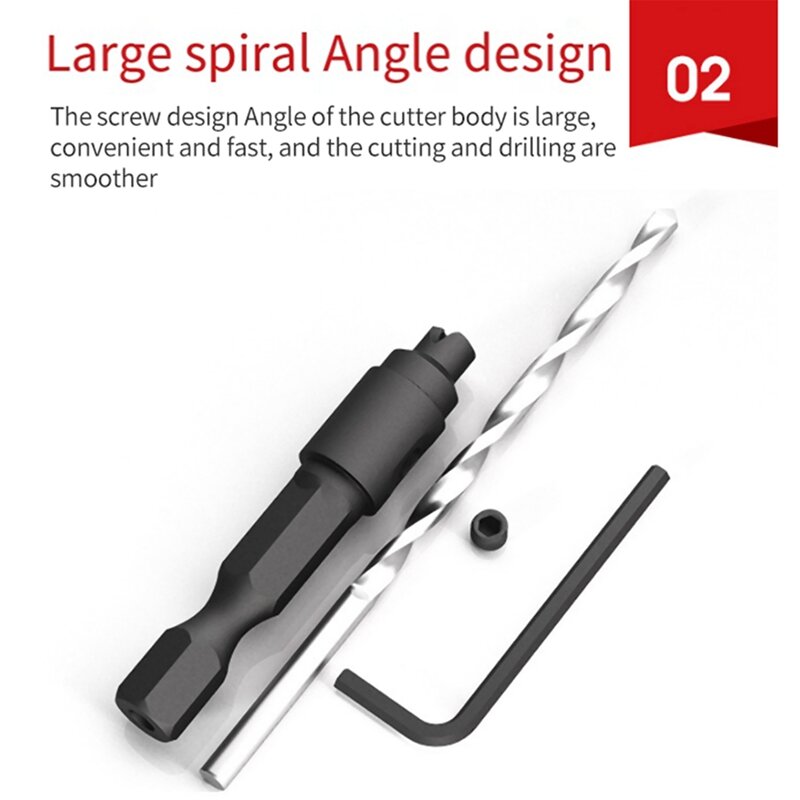 5Piece Hexagon Screw Hardware Tools Countersink Drill Countersink Drill Awl Drill Hole Reaming Black&Silver