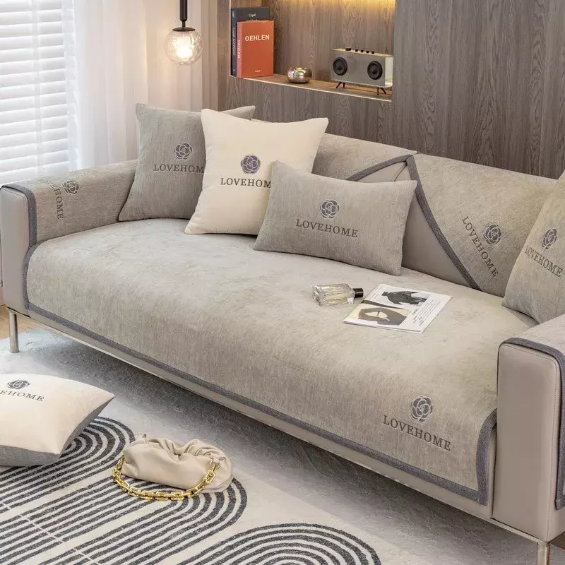 Однотонный чехол для дивана из синели, нескользящее современное простое покрывало для дивана, всесезонное универсальное покрывало с вышивкой для дивана, декор мебели