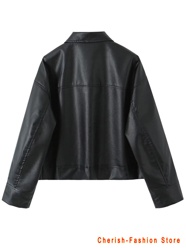 New Women´s Loose Short Casual Leather Jacket Black Long Sleeve Button Open Lapel Jacket With Pocket