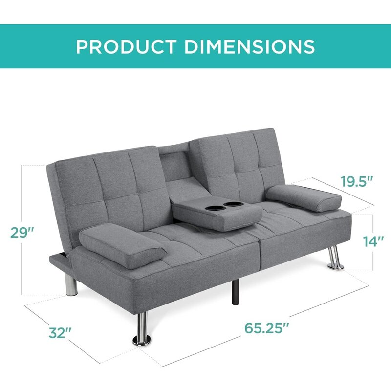 Linen Modern Folding Futon, Reclining Sofa Bed for Apartment, Dorm w/Removable Armrests, 2 Cupholders - Gray