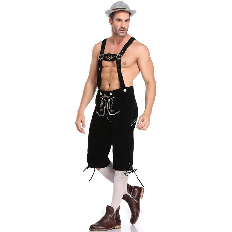 Costumes d'Oktoberfest ethniques pour hommes adultes, tenue de bière bavaroise traditionnelle, short, salopette, chemise, chapeau, bretelles, ensemble, Halloween, gril
