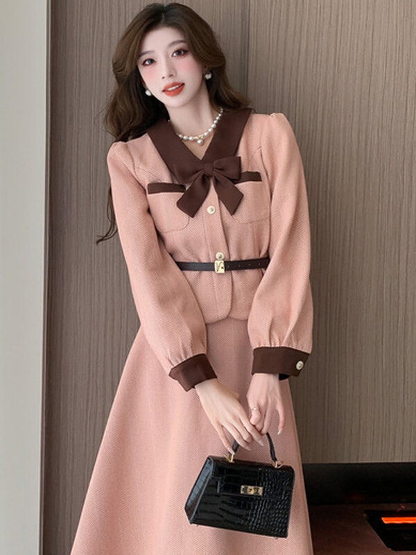 Autumn Winter Elegant Tweed Skirt Sets Women Sweet Bowknot Woolen Jackets & High Waist A-Line Skirts Suit Korean Female Outfits