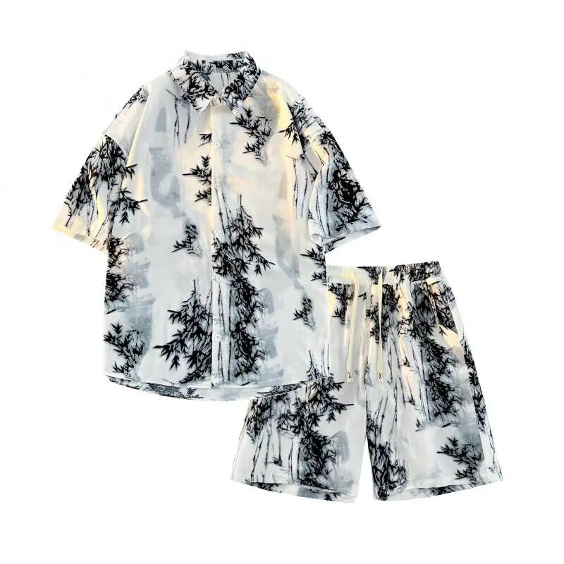 Hawaiian Beach Shirt Ensemble Men's Baggy Short-Sleeved Shirt with Shorts Travel Vacation Floral Shirt Tops Two Pieces Sets