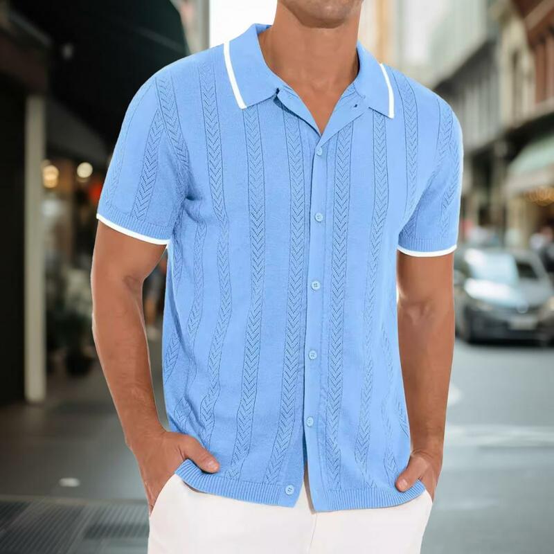 Camisa de malha vintage masculina oca, camisa de cardigã com gola virada para baixo, mangas curtas para usar, verão