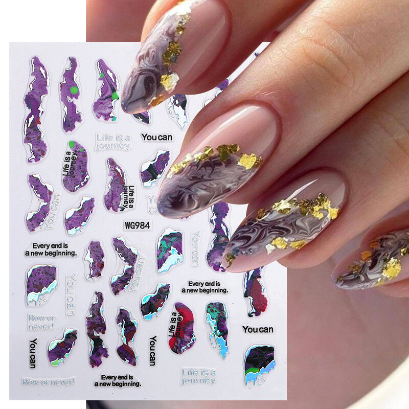 Pegatinas de uñas de mármol púrpura, calcomanías de manicura con diseño de humo, líneas onduladas doradas, deslizador de uñas, pegatina de tinta floreciente