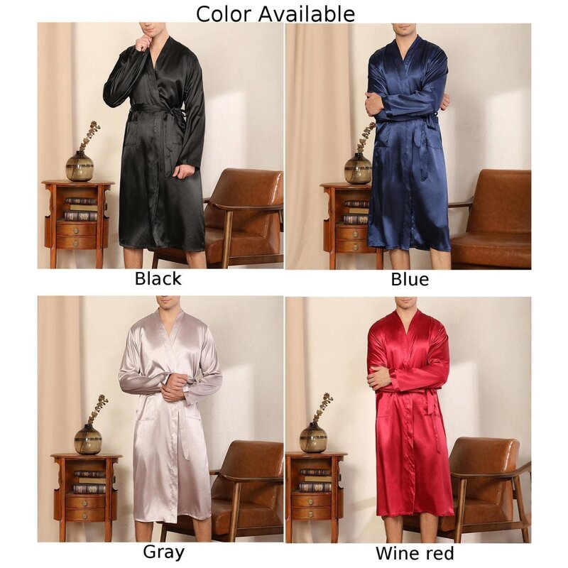 Pijamas de seda de emulación larga para hombre, Kimono, albornoz, bata, ropa de dormir de Color sólido, cómoda y suave