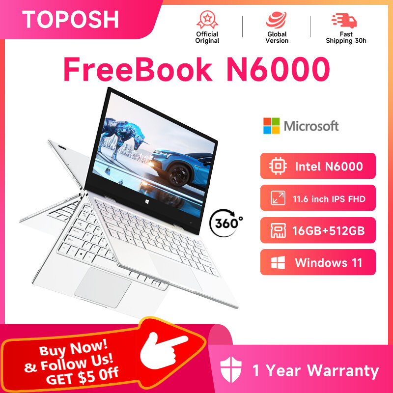 TOPOSH Portable 2 In 1 Mini Laptop Tablet PC Intel N6000 11.6" IPS Touch Screen 16GB RAM 512G SSD Windows 11 YOGA Notebook