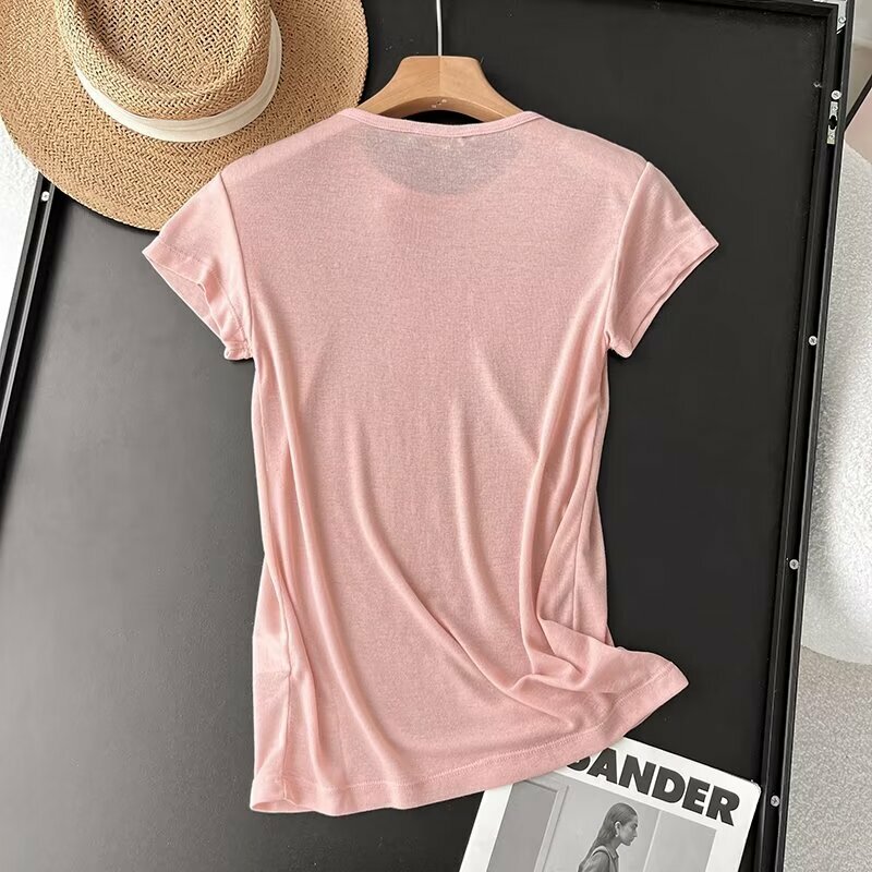 Maxdutti-Camiseta básica de cuello redondo para mujer, Top de algodón suave, camisetas informales de verano, Color sólido, estilo nórdico minimalista