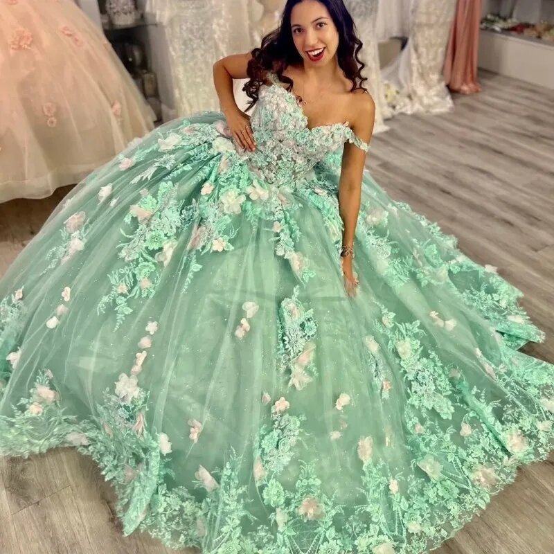 민트 그린 프린세스 퀸 시네라 드레스, 오프숄더 아플리케 볼 가운, 달콤한 16 드레스, 멕시코 15 개