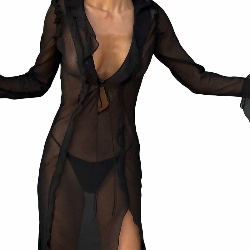 Feminino y2k sexy sheer mesh ver através de vestido longo gothtic manga comprida bodycon vestido v pescoço laço frente lado split vestido