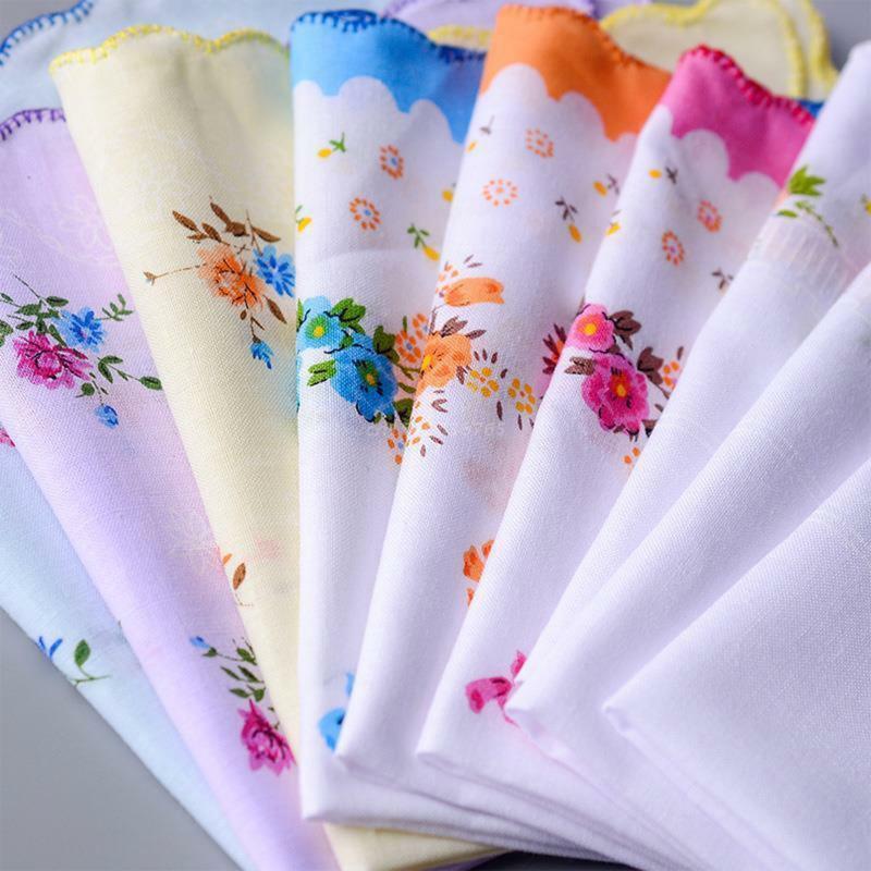 3pcs/set Women Wavy Edge Cotton Handkerchiefs Flower Embroidered with Lace Hankies Ladies Handkerchief for Afternoon Tea
