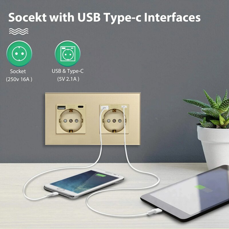 BSEED Single Wall Socket With Type-C USB Ports Double Glass Socket Triple Electric Sockets Power Outlets 16A Gold