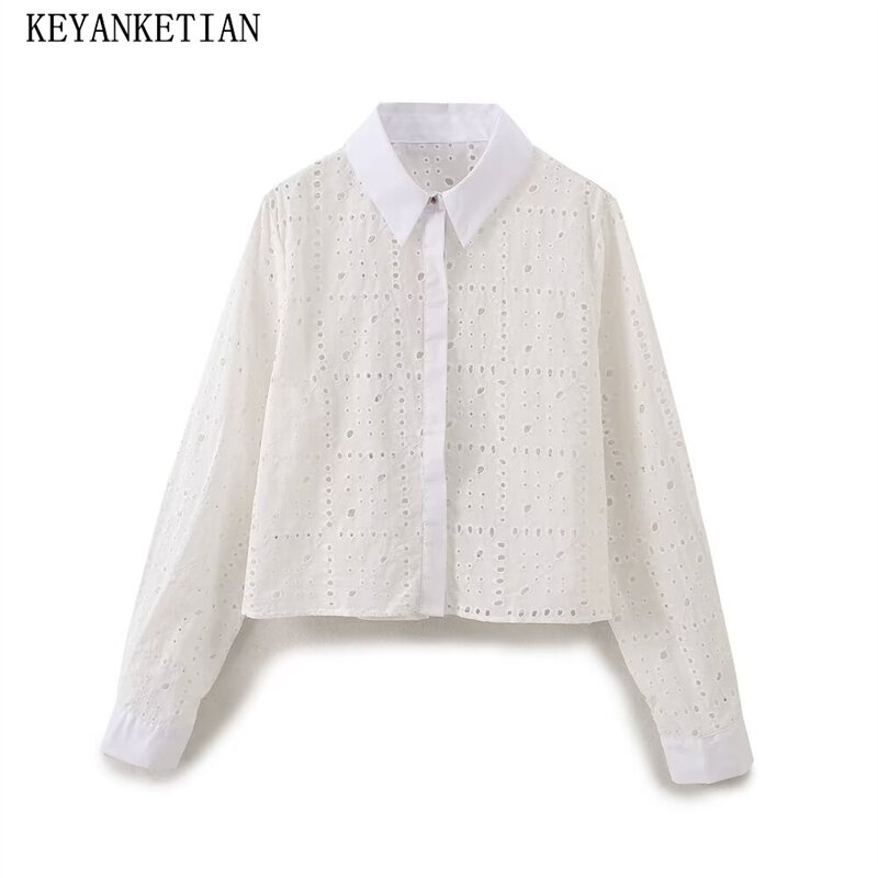 KEYANKETIAN 2024 New Launch Women's Hollow out Embroidery Shirt Holiday wind Single Breasted Long Sleeve Short Blouse Crop Top