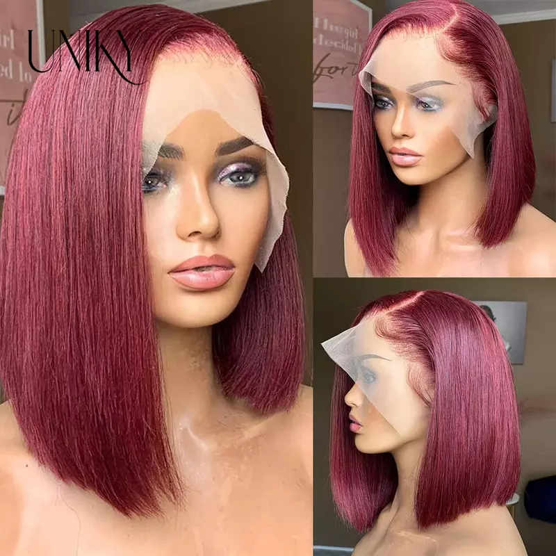 99J Bob Wig T Part Lace Front Human Hair Wigs Burgundy Colored Straight Short Bob Human Hair Wigs For Women Preplucked Baby Hair
