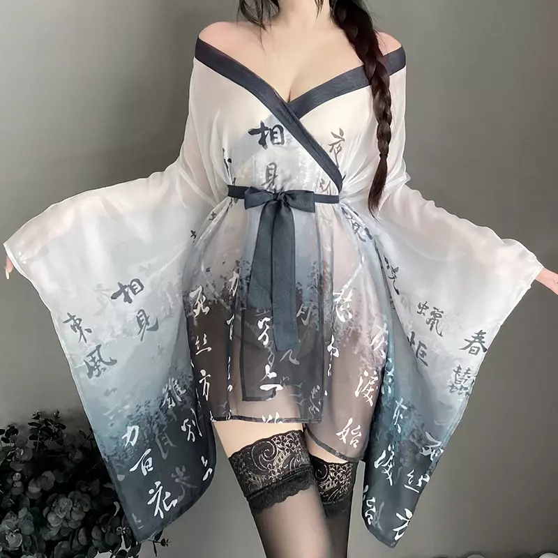 Kimono Jepang Lingerie Seksi Wanita Gaun Malam Jala Tembus Pandang Jubah Mandi Perspektif Piyama Pakaian Tidur Menggoda Jubah