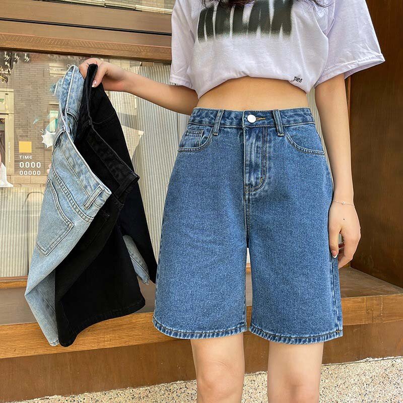 Pantalones cortos vaqueros clásicos de estilo coreano para mujer, Shorts azules de cintura alta, pantalones de pierna ancha, ropa de calle