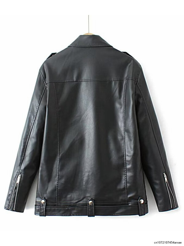 เสื้อแจ็คเก็ตหนังสังเคราะห์สีดำโอเวอร์ไซส์สำหรับผู้หญิงเสื้อโค้ทแขนยาวมีซิปใหม่2023