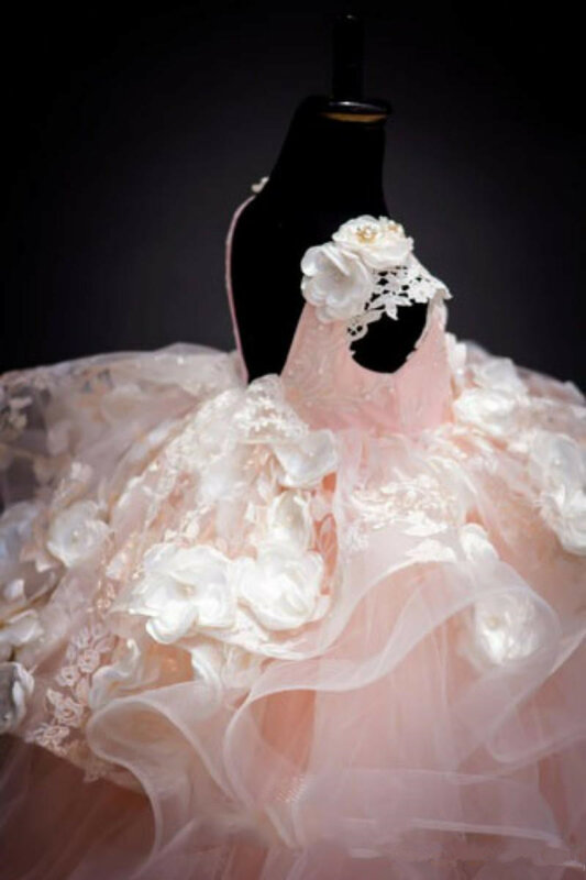 Elegante Fluffy Lace Appliques Cascading Gown, Princesa Flower Girl Dresses, Kids Birthday, Primeira Comunhão