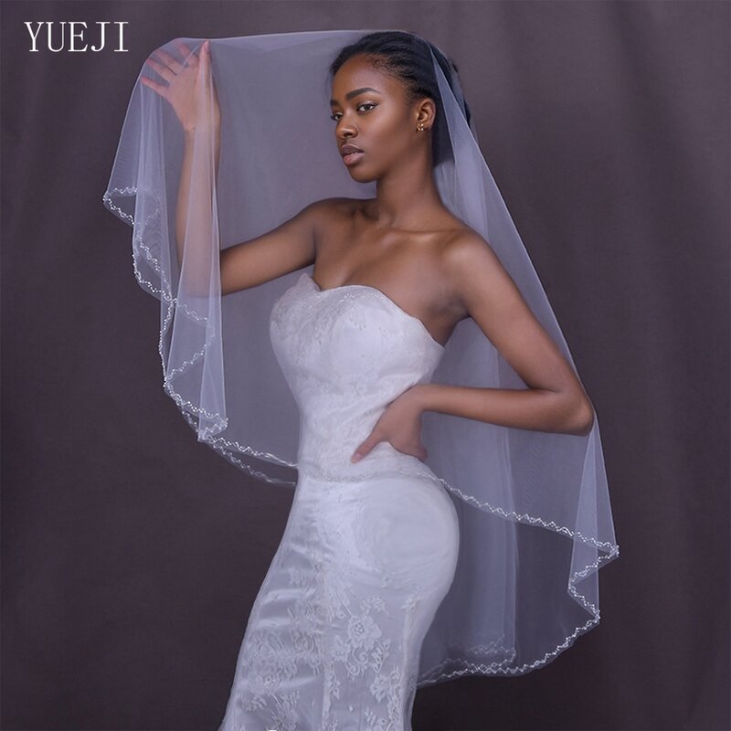 YUEJI Bridal Double Layer Hand-Beaded Veil Wedding Blusher Soft Tulle White Fingertip Crystal Edge With Comb Bridal Veil 0121
