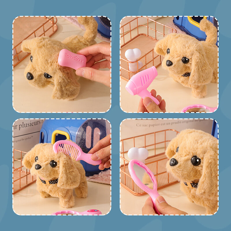Set kerangka perawatan hewan peliharaan anak-anak, mainan merangkak interaktif anak anjing kelinci anak kucing mainan simulasi elektrik untuk balita perempuan