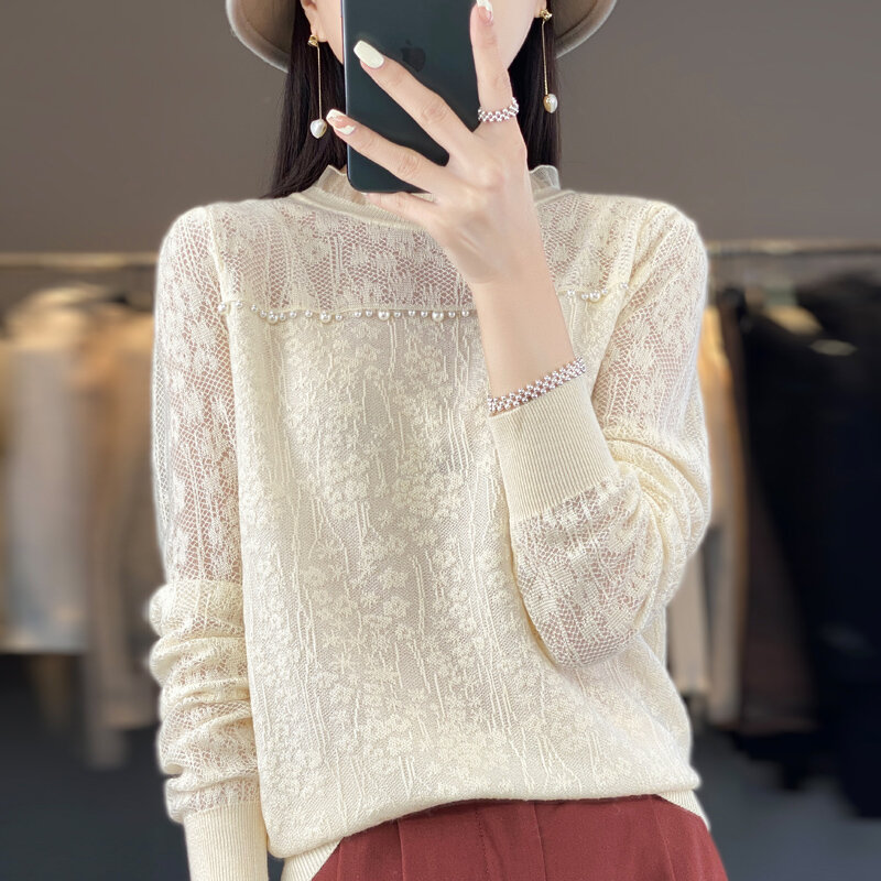 Autumn New Woolen Sweater Women's Round Neck Long Sleeve Solid Color Hollow Jacquard Explosive Pearl Lace Knit Bottoming Shirt