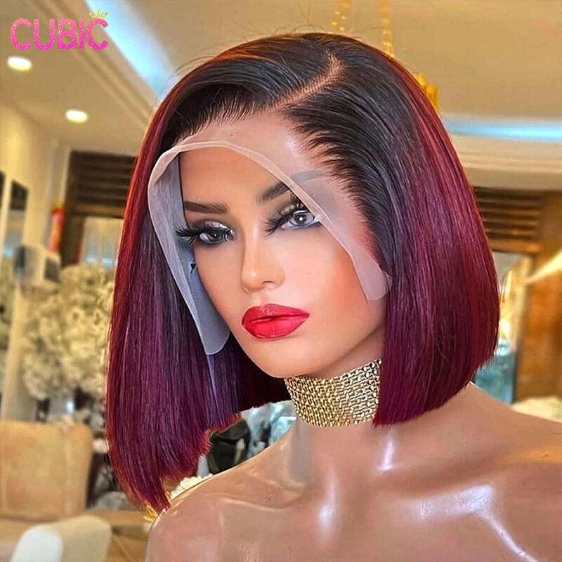 Ombre 1BT99J Burgundy Lace Front Bob Wigs Human Hair 13x4 HD Lace Frontal Wigs Glueless Short Straight Bob Wigs for Black Women