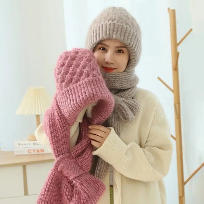Topi kupluk tahan angin wanita, hangat nyaman musim dingin dengan syal ramah kulit tahan angin pelindung telinga luar ruangan