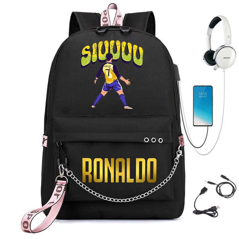 Bolsa Escolar con estampado de Ronaldo para estudiantes, mochila negra, bolsa de viaje para niños, adecuada para niñas