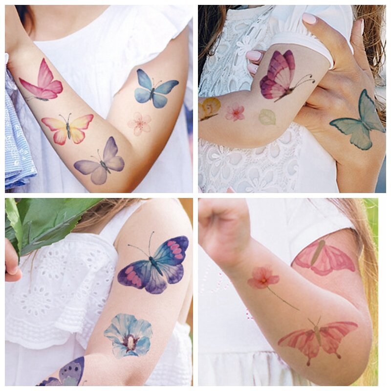 Tatuaje de piel de mariposa adhesivo falso tatuaje temporal cuerpo brazo cara maquillaje tatuaje extraíble patrón de mariposa pegatina para niño