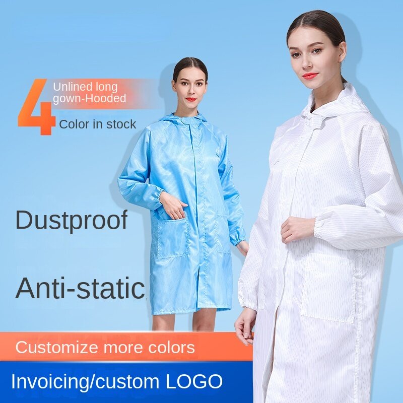 Anti-Statische Kleding Gown Stofdicht Beschermende Overalls Met Rits Fabriek Workshop Foxconn Schoon Jas Met Cap Blauw en Wit