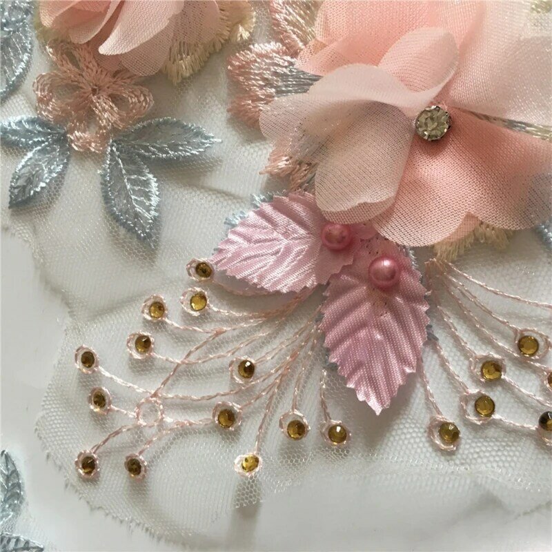 Gaya Baru 1 Pasang Renda Bordiran 3D Manik-manik Bordir Bunga Potong Patch Bagus untuk DIY Garis Leher Korset Pernikahan Prom