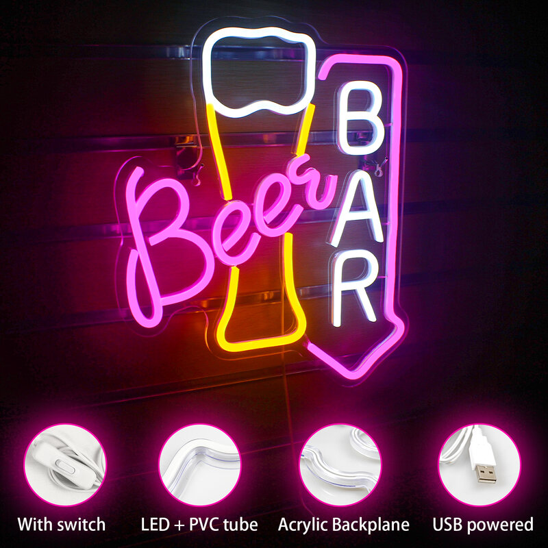Beer Bar Neon Sign Design creativo luci a LED decorazione della stanza del partito per la casa Bar Club camera da letto USB Hanging acrilico Shop Logo