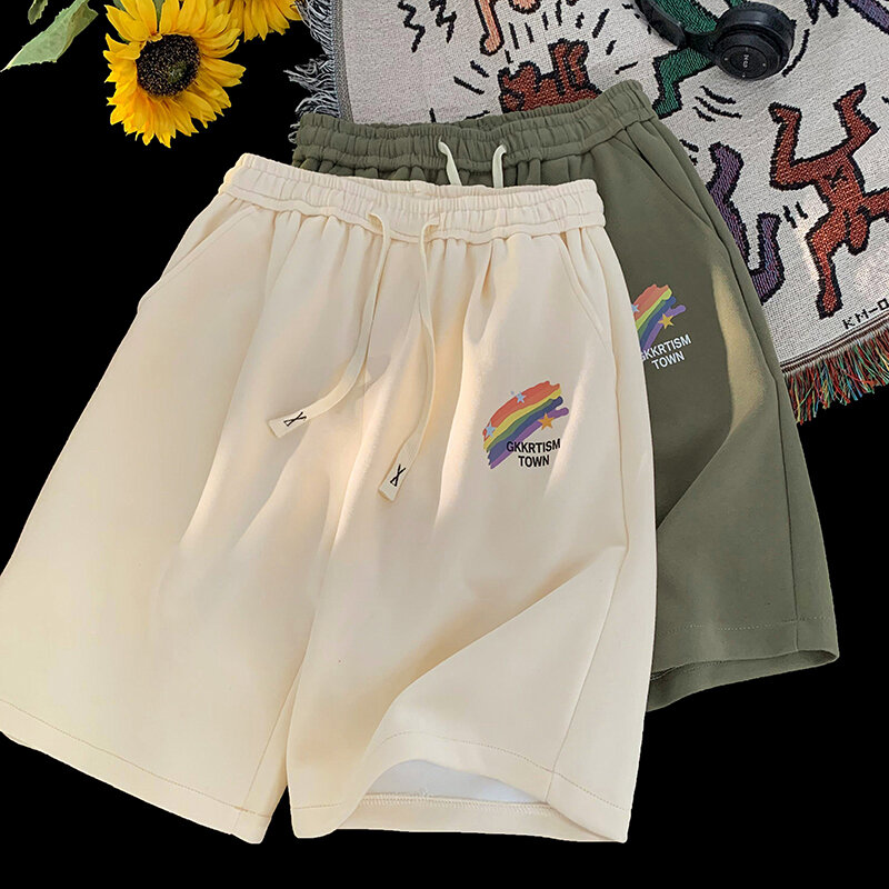 Pantalones cortos informales para hombre, Shorts de chándal con estampado de arcoíris, cintura con cordón, pantalones cortos de entrenamiento de verano con bolsillo Tropical